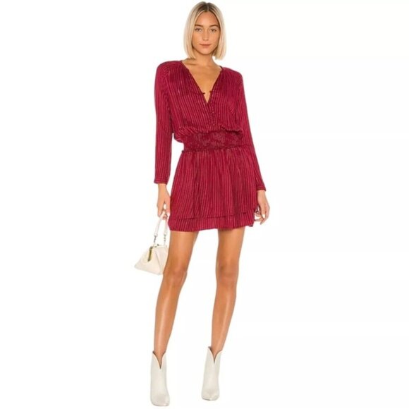 NWOT RAILS Jasmine Messina Stripe Metallic LS SMOCKED Waist Red Dress  MEDIUM